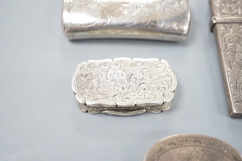 A George III silver oval patch box, John Taylor, Birmingham, 1800, 36mm, a Georgian silver concave combination snuff box/vinaigrette, Samuel Pemberton, Birmingham, 1809?, a Victorian silver pill box and a similar silver